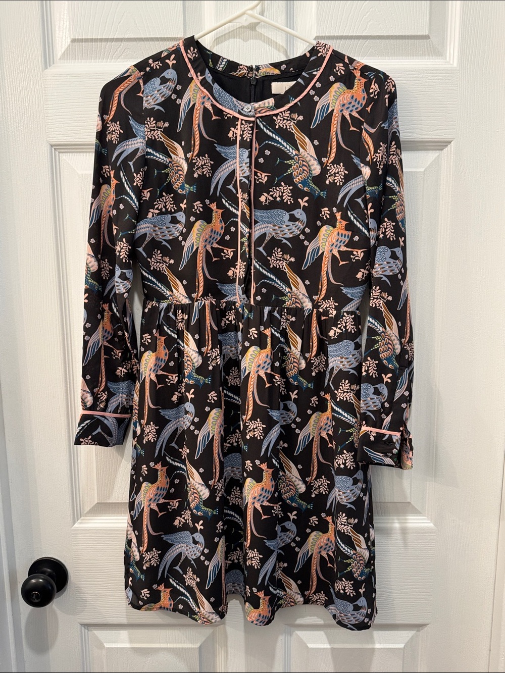LOFT Black Bird-Print Long Sleeve Dress with Pink Trim